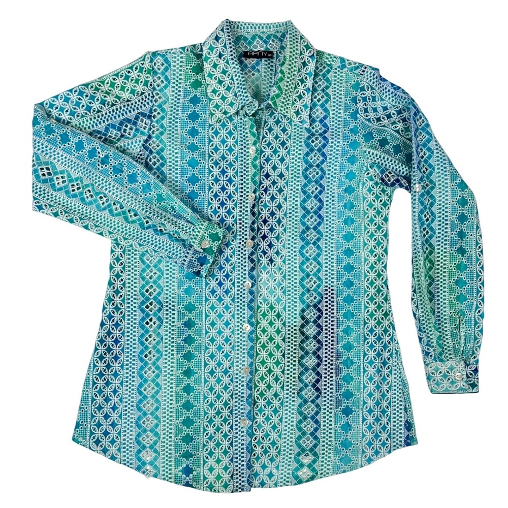 APNY Organic Cotton Eyelet Lace Button Down Shirt Blue Green XS Roll Tab Sleeve